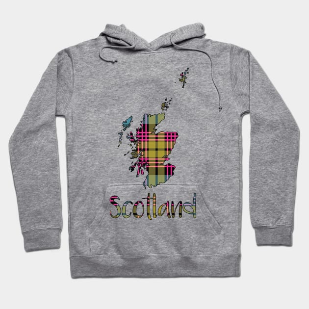 Scotland Pink, Blue and Yellow Tartan Map Typography Design Hoodie by MacPean